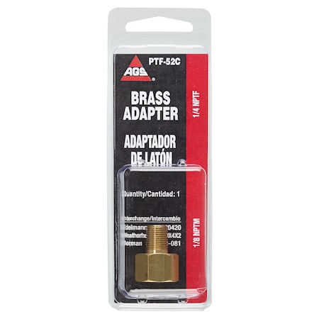 Ags Brass Adapter, Male (1/8-27 NPT), Female (1/4-18 NPT), 1/card PTF-52C